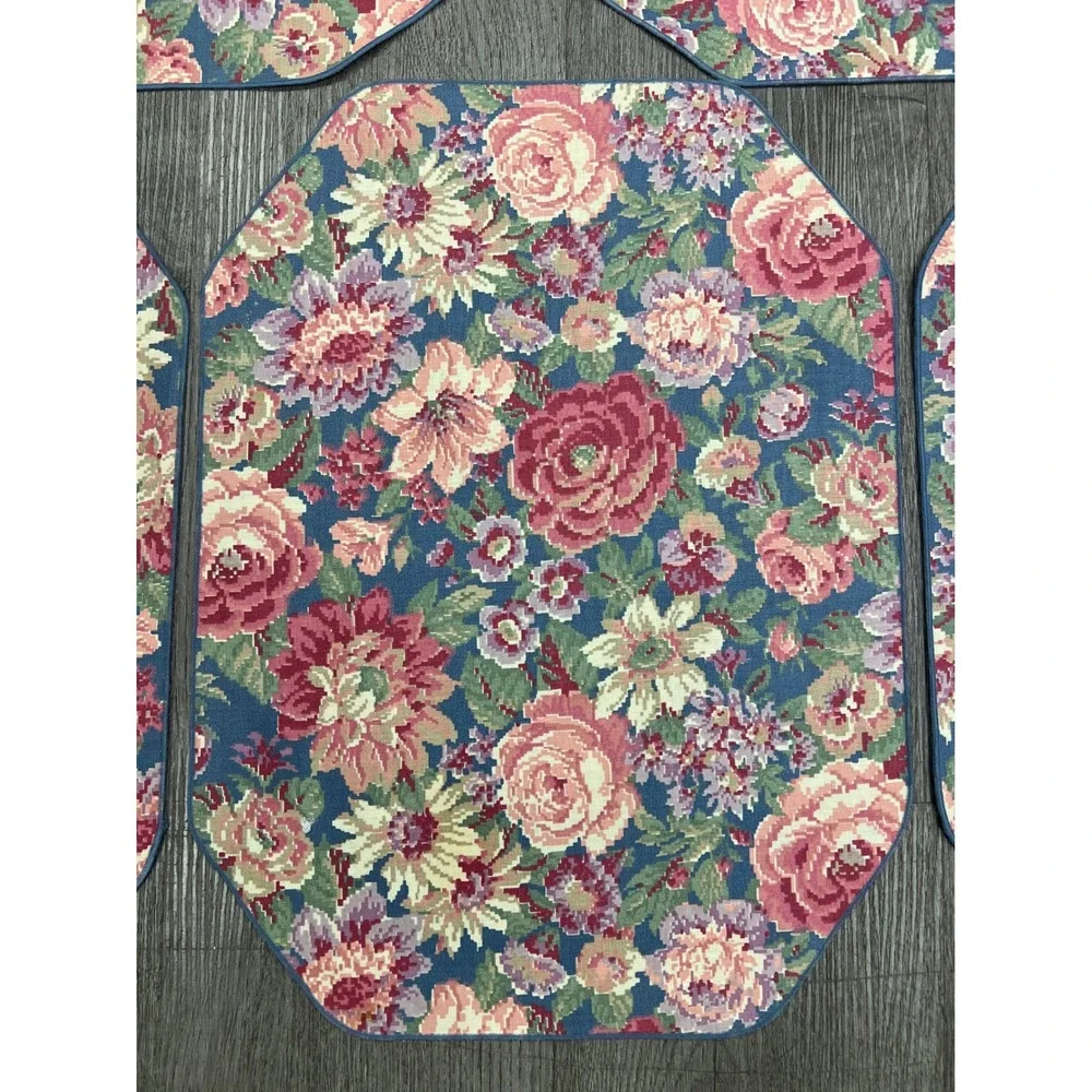 Vintage 80s 90s Quilted Placemats Set of 8 Cottagecore Cabbage Rose Floral Blue